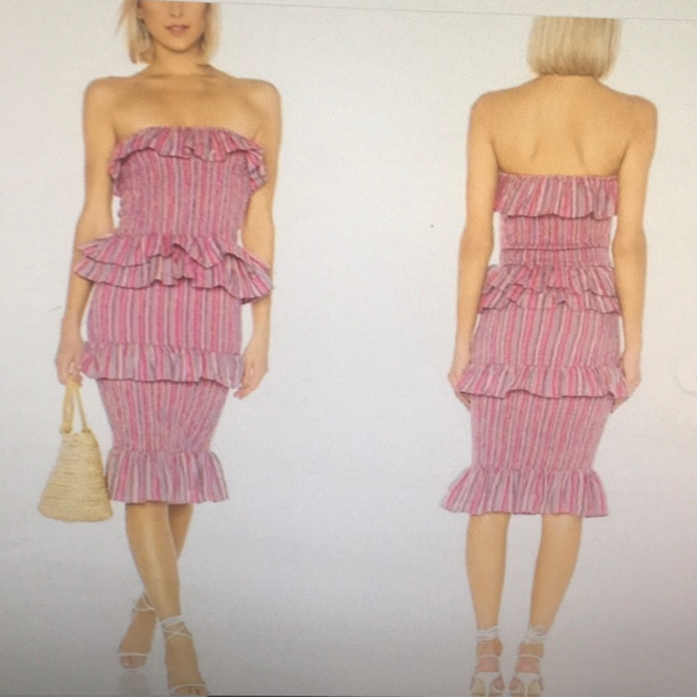 TULAROSA/“BAILEE”STRAPLESS MULTI STRIP LINEN BLEND RUFFLE DRESS/ NEW
